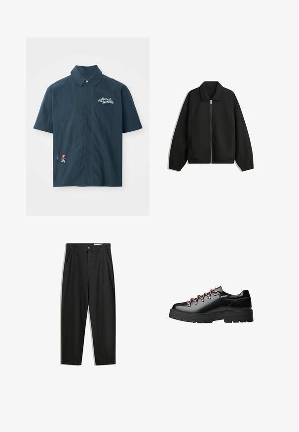 Črna jakna iz teksturirane tkanine, z dvostranskim zadrgo spredaj, ovratnikom in elastičnimi manšeti, sproščenega kroja in stranskimi žepi.; Temna modra majica s kratkimi rokavi iz bombaža z ovratnikom na gumb. Ima belo vezeno besedilo in barvit pikslast par.; Črne bombažne hlače s sproščenim krojem, ki vključujejo klasičen pas, sprednje gube in stranske žepke. Gladka tekstura brez vzorcev.; Črne usnjene pohodne čevlje z rdečimi in belimi vezalkami, velikimi luknjami ter debelim profilom podplata za oprijem in stabilnost.