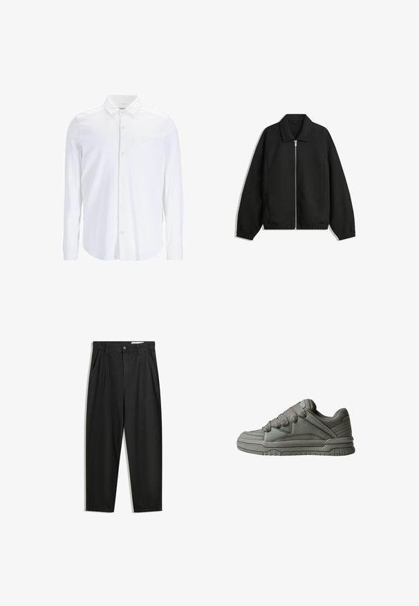 Giacca nera in tessuto texturizzato, con zip frontale a tutta lunghezza, colletto e polsini elasticizzati, dalla vestibilità rilassata e con tasche laterali.; Camicia bianca a maniche lunghe con bottoni, realizzata in tessuto liscio, dotata di colletto classico, pattina anteriore e un sottile accento del logo sul petto.; Pantaloni in cotone neri con una vestibilità rilassata, dotati di una vita classica, pieghe frontali e tasche laterali. Tessuto liscio senza fantasie.; Scarpa sportiva grigia con tomaia in pelle testurizzata e rete, suola in gomma spessa e linguetta e lati ben imbottiti. Includono lacci e dettagli laterali.