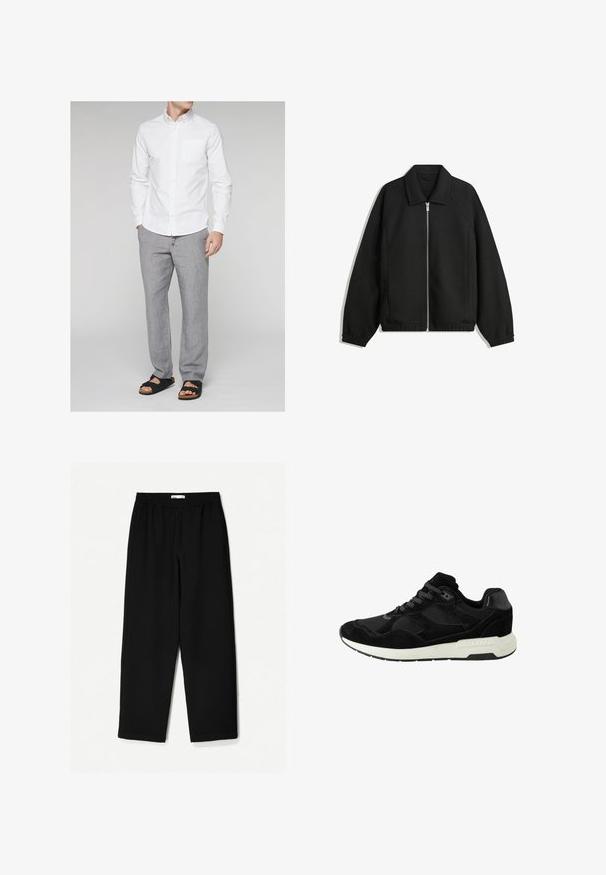 Schwarze Jacke aus strukturiertem Stoff, mit vollem Reißverschluss auf der Vorderseite, Kragen und elastischen Manschetten, im entspannten Schnitt und mit seitlichen Taschen.; Next LONG SLEEVE OXFORD - Hemd - white; Schwarze, weit geschnittene Hose aus leichtem Stoff. Mit elastischem Bund und glatter Textur. Keine sichtbaren Muster oder Beschläge.; Schwarzer Sportschuh aus Wildleder und Mesh, mit runder Zehenpartie, Schnürverschluss und einer weißen Gummisohle mit strukturierten Akzenten.