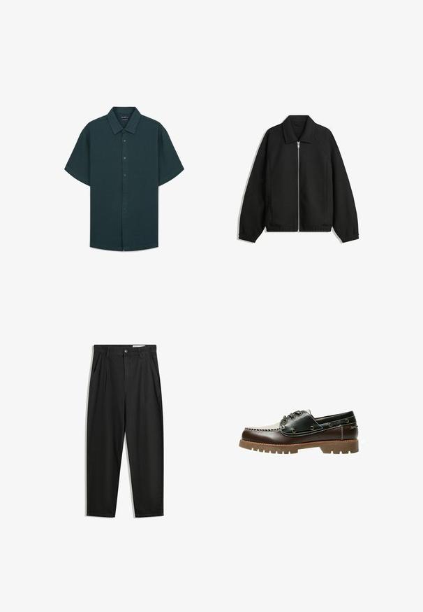 Schwarze Jacke aus strukturiertem Stoff, mit vollem Reißverschluss auf der Vorderseite, Kragen und elastischen Manschetten, im entspannten Schnitt und mit seitlichen Taschen.; Kurzarmhemd in dunklem Petrol, aus strukturiertem Stoff. Mit einer Knopfleiste und einem klassischen Kragen sowie einem geraden Saum.; Schwarze Baumwollhose mit lockerem Schnitt, ausgestattet mit einem klassischen Bund, vorderen Falten und Seiten taschen. Glatte Textur ohne Muster.; Braun-schwarzes Leder-Bootsschuh mit Schnürung, kontrastierenden Nähten und einer strukturierten Gummisohle. Verfügt über Metallösen und eine abgerundete Zehenpartie.
