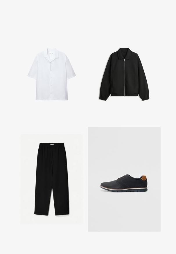 Čierna bunda vyrobená z textúrovaného materiálu, s plným predným zipsom, golierom a elastickými manžetami, so voľnejším strihom a bočnými vreckami.; Biela košeľa s krátkymi rukávmi, vyrobená z hladkej tkaniny, s klasickým golierom a voľným strihom. Žiadne viditeľné vzory ani akcenty.; Čierne nohavice s širokými nohavicami vyrobené z ľahkej tkaniny. Majú elasticitu v páse a hladký povrch. Bez viditeľných vzorov alebo kovania.; Čierne syntetické topánky so štruktúrovaným zvrškom, hladkými akcentmi, hnedým opätkom a kontrastnou podrážkou. Majú minimálne šnurovanie a detaily prešitia.