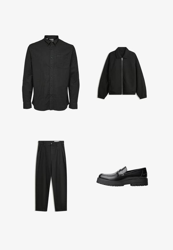 Czarna kurtka z teksturowanej tkaniny, z pełnym zamkiem z przodu, kołnierzem i elastycznymi mankietami, o luźnym kroju i kieszeniach po bokach.; Czarna, długosleeve, zapinana na guziki koszula wykonana z bawełnianego materiału, z klasycznym kołnierzykiem, kieszenią z przodu i pasującymi czarnymi guzikami.; Czarne bawełniane spodnie o luźnym kroju, z klasycznym pasem, przednimi plisy oraz bocznymi kieszeniami. Gładka struktura, bez wzorów.; Czarne skórzane mokasyny z grubą, bieżnikowaną podeszwą i dekoracyjnym paskiem na górze, pokazane w lewym profilu na białym tle.