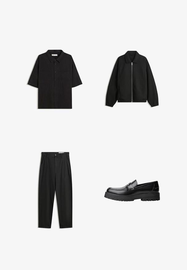 Fekete kabát texturált anyagból, teljes elöl cipzárral, gallérral és rugalmas mandzsettákkal, laza szabással és oldalsó zsebekkel.; Fekete, rövid ujjú ing, galléros nyakkal, két elülső zsebbel, gombos záródással és sima szövet textúrával.; Fekete pamut nadrág laza szabással, klasszikus derékrésszel, elülső hajtásokkal és oldalsó zsebekkel. Simább textúra minta nélkül.; Fekete bőr loaferek vastag, bordázott talppal és díszcsíkkal az upper rész felett, bal oldali profilmódban, fehér háttér előtt.