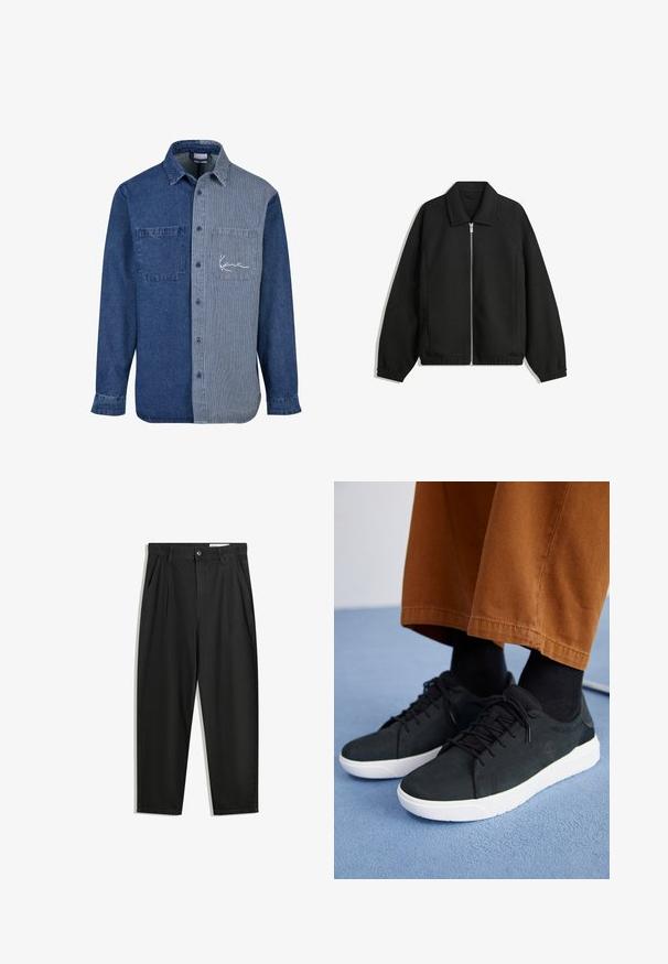 Sort jakke lavet af struktureret stof, med fuld frontlynlås, krave og elastiske mansjetter, i en afslappet pasform og sidelommer.; Denimskjorte med en ensfarvet mørkeblå venstre side og en stribet lyseblå højre side, med en brystlomme og logo-broderi.; Sorte bomuldsbukser med en afslappet pasform, der har en klassisk talje, frontfolder og sidelommer. Glat tekstur uden mønstre.; Sorte ruskinds sneakers med hvide gummisulder, med snørebånd-design, teksturerede detaljer og diskret branding, parret med brune bukser.