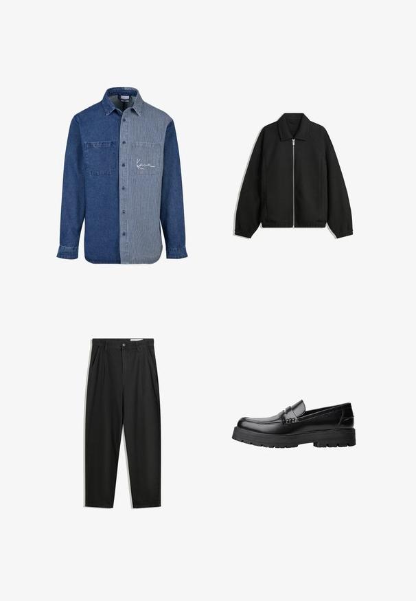 Crna jakna izrađena od teksturirane tkanine, s punim prednjim zatvaračem, ovratnikom i elastičnim manžetama, opuštenog kroja i bočnim džepovima.; Jean košulja s tamnoplave lijeve strane i svijetloplave prugaste desne strane, s džepom na prsima i izvezenim logom.; Crne pamučne hlače s opuštenim krojem, s klasičnim pojasom, prednjim nabranjima i bočnim džepovima. Glatka tekstura bez uzoraka.; Crna kožna mokasina s debelim potplatima i dekorativnom trakom preko gornjeg dijela, prikazana u lijevom bočnom profilu na bijeloj pozadini.
