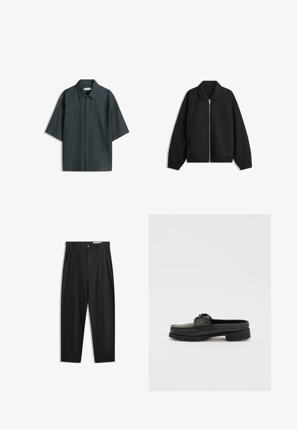 Jachetă neagră dintr-un material texturat, cu fermoar frontal complet, guler și manșete elastice, având o croială lejeră și buzunare laterale.; Cămașă cu mânecă scurtă din denim închisa, cu guler clasic, croi drept și față plată fără buzunare.; Pantaloni negri din bumbac cu croială lejeră, având un brâu clasic, plii frontale și buzunare laterale. Textură netedă fără modele.; Pantofii negri din piele, cu detalii din dantelă, vârful rotunjit și talpa texturată. Au un toc ușor ridicat și un finisaj lucios.