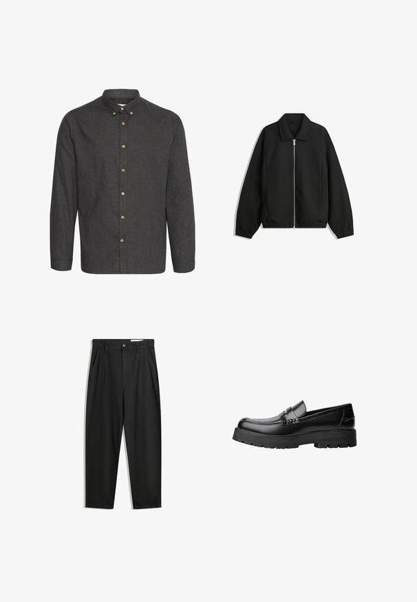 Zwarte jas van textuurstof, met een volledige rits aan de voorkant, een kraag, elastische manchetten, een ontspannen pasvorm en zijzakken.; Donkergrijze knoopshirt gemaakt van textuurstof met lange mouwen, een kraag en tan kleurige knopen aan de voorkant.; Zwarte katoenen broeken met een losse pasvorm, voorzien van een klassieke tailleband, voorplooien en zijzakken. Gladde structuur zonder patronen.; Zwarte leren loafer met een chunky profielzool en een decoratieve band over de bovenkant, weergegeven in het linkerzijprofiel op een witte achtergrond.