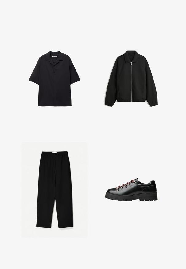 Schwarze Jacke aus strukturiertem Stoff, mit vollem Reißverschluss auf der Vorderseite, Kragen und elastischen Manschetten, im entspannten Schnitt und mit seitlichen Taschen.; Kurzarmiges schwarzes Button-Up-Hemd aus glattem Stoff, mit umgeschlagenem Kragen und lockerer Passform. Verfügt über fünf Knöpfe vorne und keine Muster.; Schwarze, weit geschnittene Hose aus leichtem Stoff. Mit elastischem Bund und glatter Textur. Keine sichtbaren Muster oder Beschläge.; Schwarzer Lederschnürschuh für Wanderungen mit roten und weißen Schnürsenkeln, großen Ösen und einer groben, profilierten Sohle für Grip und Stabilität.