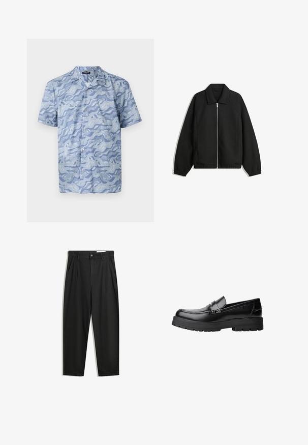 Zwarte jas van textuurstof, met een volledige rits aan de voorkant, een kraag, elastische manchetten, een ontspannen pasvorm en zijzakken.; Lichtblauw overhemd met korte mouwen en een golfpatroon. Gemaakt van zachte stof, met een knopenfront en een kraag in camp-stijl.; Zwarte katoenen broeken met een losse pasvorm, voorzien van een klassieke tailleband, voorplooien en zijzakken. Gladde structuur zonder patronen.; Zwarte leren loafer met een chunky profielzool en een decoratieve band over de bovenkant, weergegeven in het linkerzijprofiel op een witte achtergrond.