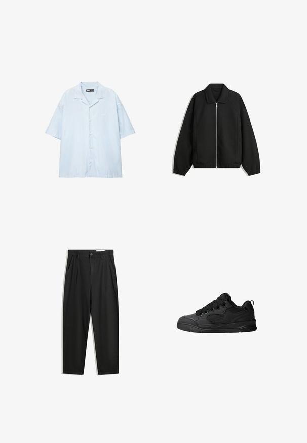 Czarna kurtka z teksturowanej tkaniny, z pełnym zamkiem z przodu, kołnierzem i elastycznymi mankietami, o luźnym kroju i kieszeniach po bokach.; Jasnoniebieska koszula z krótkim rękawem zapinana na guziki, w białe pionowe paski, z kołnierzykiem typu notch i haftowanym logo na piersi.; Czarne bawełniane spodnie o luźnym kroju, z klasycznym pasem, przednimi plisy oraz bocznymi kieszeniami. Gładka struktura, bez wzorów.; Czarne sneakersy z teksturowaną cholewką, z sznurowadłami, siateczkowymi akcentami dla lepszej wentylacji, wyściełanym kołnierzem oraz solidną podeszwą.