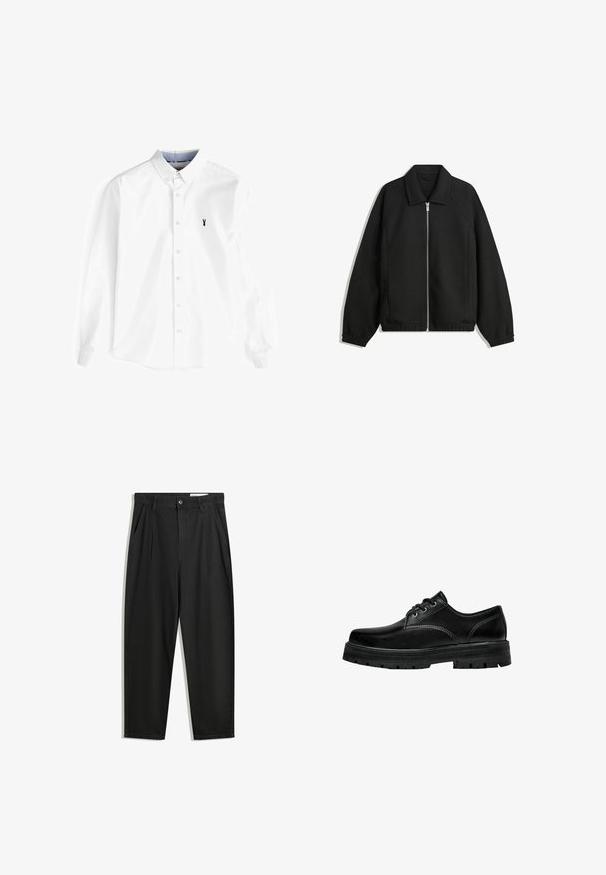 Jachetă neagră dintr-un material texturat, cu fermoar frontal complet, guler și manșete elastice, având o croială lejeră și buzunare laterale.; Cămașă albă cu mâneci lungi, din bumbac, dotată cu guler cu butoni, placket frontal cu butoni și un mic logo cu homar bleumarin pe piept.; Pantaloni negri din bumbac cu croială lejeră, având un brâu clasic, plii frontale și buzunare laterale. Textură netedă fără modele.; Pantofii din piele neagră, cu șireturi, au vârful rotunjit, un finisaj texturat și o talpă groasă din cauciuc, cu un profil adânc pentru aderență.