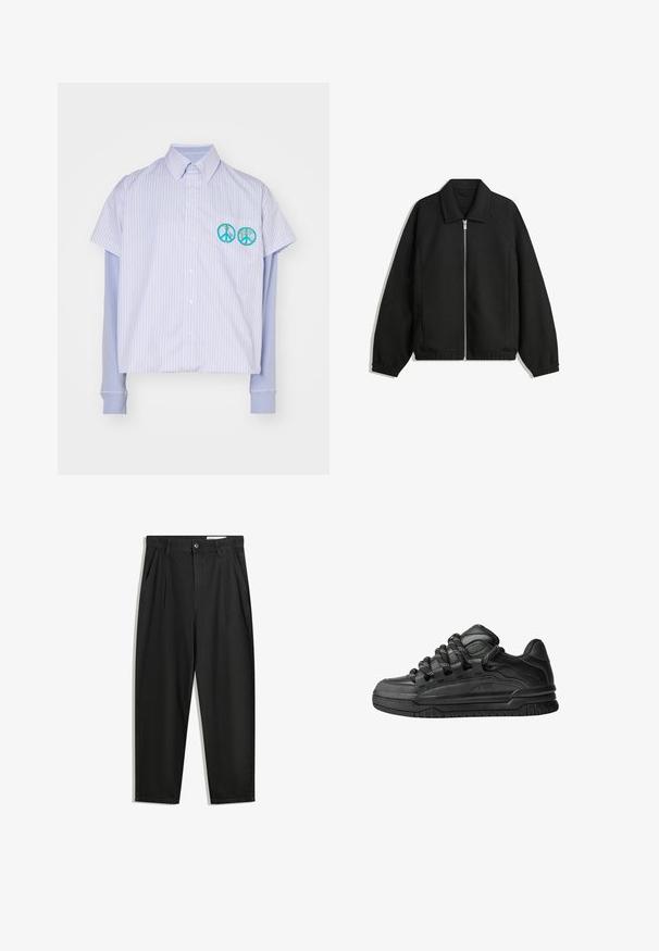 Čierna bunda vyrobená z textúrovaného materiálu, s plným predným zipsom, golierom a elastickými manžetami, so voľnejším strihom a bočnými vreckami.; Krátky rukáv košeľa na gombíky v svetlom modrom a bielom prúžku s kratším strihom. Obsahuje dve vyšívané tyrkysové symboly pokoja.; Čierne bavlnené nohavice s voľným strihom, s klasickým pásom, prednými záhybmi a bočnými vreckami. Hladká textúra bez vzorov.; Čierne tenisky s hladkým koženým zvrškom, štruktúrovanými akcentami a okrúhlymi čierno-bielymi šnúrkami. Hrubá gumená podrážka s vzorovaným dezénom.