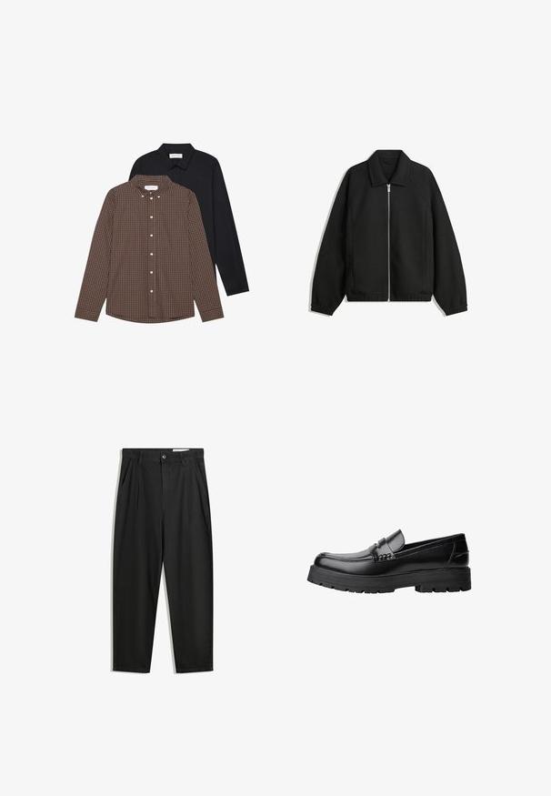Černá bunda vyrobená z texturované látky, s plným předním zipem, límcem a elastickými manžetami, s volným střihem a bočními kapsami.; Dvě košile s dlouhým rukávem: jedna hnědá s kostkovaným vzorem a knoflíky a druhá černá jednobarevná. Obě mají límce a manžety na knoflíky.; Černé bavlněné kalhoty s uvolněným střihem, klasickým pasem, předními záhyby a bočními kapsami. Hladká textura bez vzorů.; Černé kožené mokasíny s masivní podrážkou a dekoračním páskem přes horní část, zobrazené v levém bočním profilu na bílém pozadí.