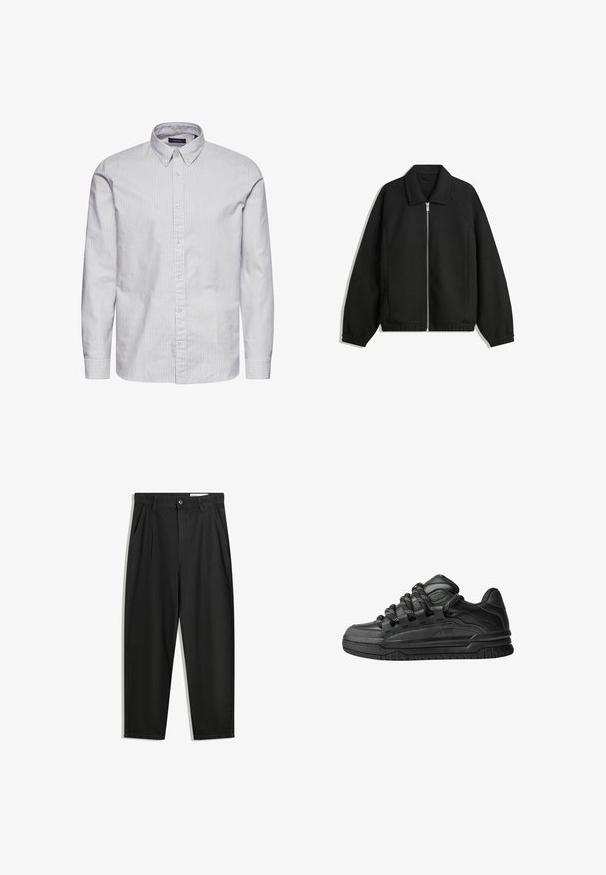 Čierna bunda vyrobená z textúrovaného materiálu, s plným predným zipsom, golierom a elastickými manžetami, so voľnejším strihom a bočnými vreckami.; Matinique TROSTOL - Košeľa - morel; Čierne bavlnené nohavice s voľným strihom, s klasickým pásom, prednými záhybmi a bočnými vreckami. Hladká textúra bez vzorov.; Čierne tenisky s hladkým koženým zvrškom, štruktúrovanými akcentami a okrúhlymi čierno-bielymi šnúrkami. Hrubá gumená podrážka s vzorovaným dezénom.