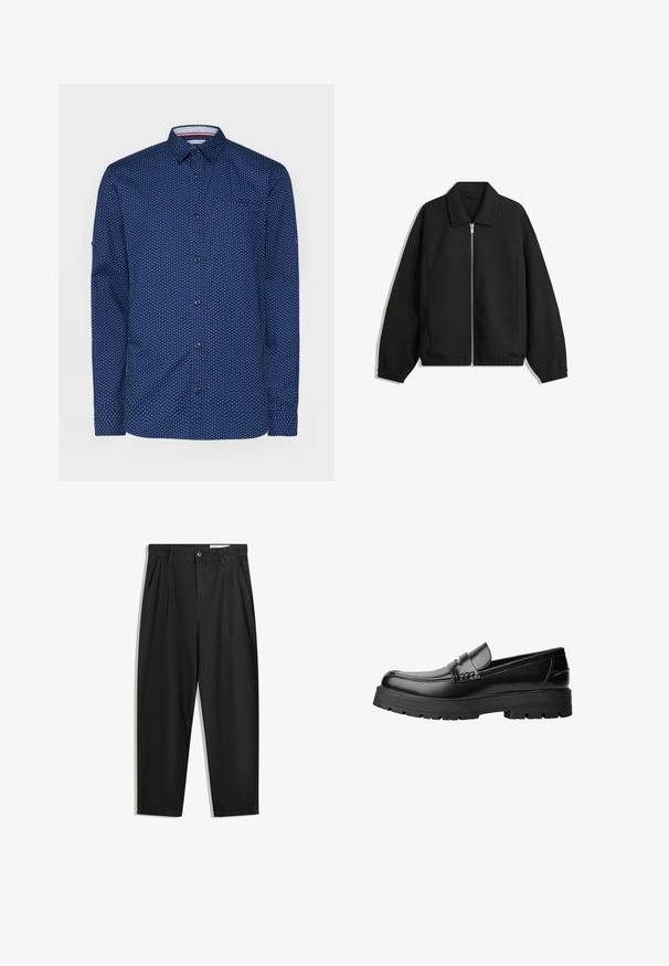 Čierna bunda vyrobená z textúrovaného materiálu, s plným predným zipsom, golierom a elastickými manžetami, so voľnejším strihom a bočnými vreckami.; Námornícka modrá košeľa s bielymi bodkami, dlhé rukávy, zapínanie na gombíky, jedna náprsní vrecko a kontrastná vnútorná časť goliera.; Čierne bavlnené nohavice s voľným strihom, s klasickým pásom, prednými záhybmi a bočnými vreckami. Hladká textúra bez vzorov.; Čierne kožené mokasíny s masívnou podrážkou a dekoratívnym pásom cez hornú časť, zobrazené z ľavého bočného profilu na bielom pozadí.