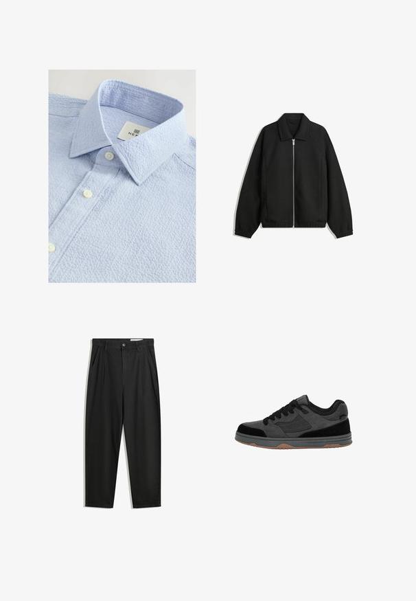 Fekete kabát texturált anyagból, teljes elöl cipzárral, gallérral és rugalmas mandzsettákkal, laza szabással és oldalsó zsebekkel.; Világoskék textúrázott ing, gombos gallérral, két fehér gombbal és a gallér belső részén a márkanevével ellátott címkével.; Fekete pamut nadrág laza szabással, klasszikus derékrésszel, elülső hajtásokkal és oldalsó zsebekkel. Simább textúra minta nélkül.; Fekete és sötétszürke alacsony szárú sneaker fekete fűzőkkel, velúrból és hálós anyagból készült felsőrésszel, és gumi talppal, oldalról nézve.