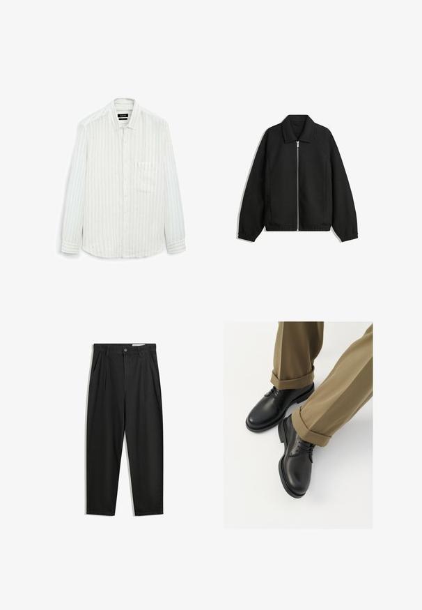 Schwarze Jacke aus strukturiertem Stoff, mit vollem Reißverschluss auf der Vorderseite, Kragen und elastischen Manschetten, im entspannten Schnitt und mit seitlichen Taschen.; Weißes Langarmhemd mit dünnen vertikalen Streifen. Mit Knopfleiste, einer Brusttasche und einem weichen, strukturierten Stoff für eine lockere Passform.; Schwarze Baumwollhose mit lockerem Schnitt, ausgestattet mit einem klassischen Bund, vorderen Falten und Seiten taschen. Glatte Textur ohne Muster.; Schwarze Lederschuhe mit glatter Oberfläche, versehen mit Schnürsenkeln und einer runden Zehenpartie, kombiniert mit hochgekrempelten khakifarbenen Hosen.