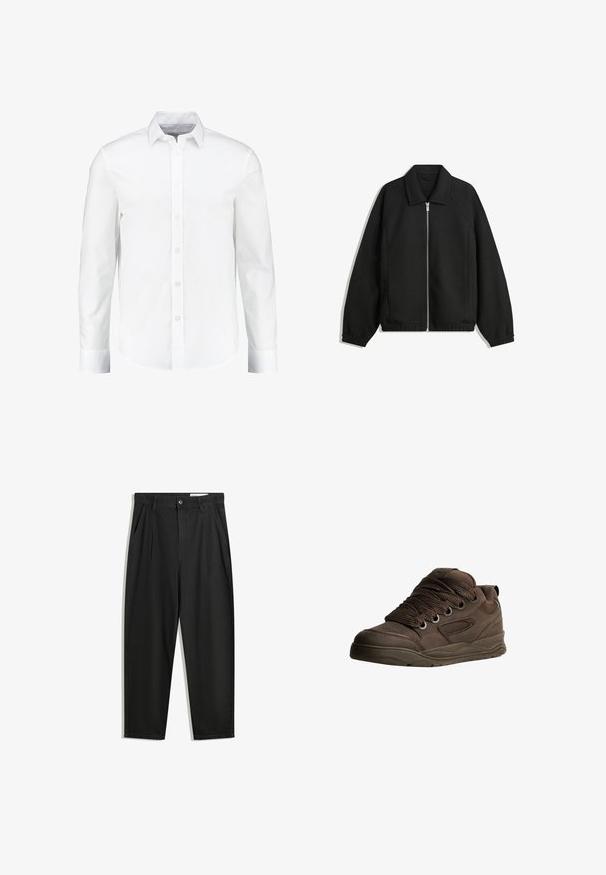 Černá bunda vyrobená z texturované látky, s plným předním zipem, límcem a elastickými manžetami, s volným střihem a bočními kapsami.; Bílá košile s dlouhým rukávem s knoflíkovým zapínáním vyrobená z hladké bavlny. Má klasický límec a zapínání na knoflíky s rovnými lemy.; Černé bavlněné kalhoty s uvolněným střihem, klasickým pasem, předními záhyby a bočními kapsami. Hladká textura bez vzorů.; Hnědé sportovní boty vyrobené z hladkého syntetického materiálu. Mají silné šňůrky, síťované detaily, polstrovaný límec a texturovanou gumovou podrážku.