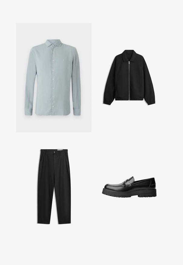 Sort jakke lavet af struktureret stof, med fuld frontlynlås, krave og elastiske mansjetter, i en afslappet pasform og sidelommer.; Lyseblå langærmet skjorte lavet af blødt stof. Har en spids krave, knaplukning foran og et lille broderet logo på brystet.; Sorte bomuldsbukser med en afslappet pasform, der har en klassisk talje, frontfolder og sidelommer. Glat tekstur uden mønstre.; Sort læderloafer med kraftig sål og dekorativ rem henover, vist i venstre sideprofil på hvid baggrund.