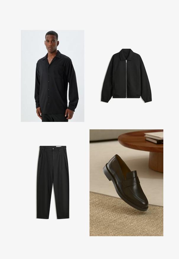 Sort jakke lavet af struktureret stof, med fuld frontlynlås, krave og elastiske mansjetter, i en afslappet pasform og sidelommer.; Sort langærmet skjorte med slåkrave, frontlomme og knaplukning; glat stof med en subtil tekstur.; Sorte bomuldsbukser med en afslappet pasform, der har en klassisk talje, frontfolder og sidelommer. Glat tekstur uden mønstre.; Sorte læder loafers med en glat overflade, en rund tå og en dekorativ rem henover forsiden. Lav gummihæl, sat op mod en struktureret overflade.