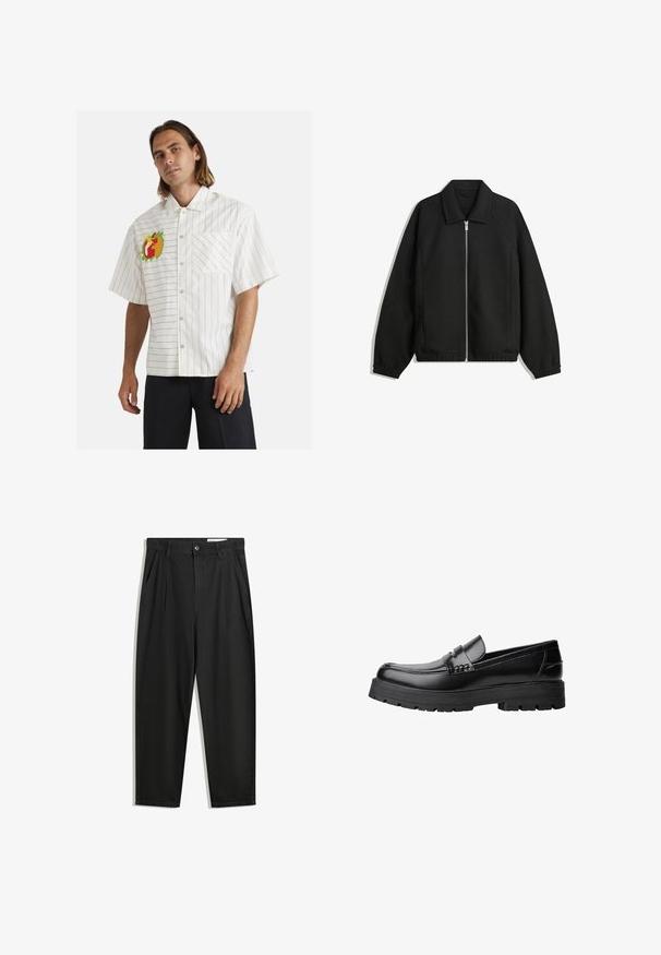 Čierna bunda vyrobená z textúrovaného materiálu, s plným predným zipsom, golierom a elastickými manžetami, so voľnejším strihom a bočnými vreckami.; Biela košeľa s krátkym rukávom a čiernymi vertikálnymi pruhmi, s farebnou výšivkou ovocia na ľavej hrudi a jedným predným vreckom.; Čierne bavlnené nohavice s voľným strihom, s klasickým pásom, prednými záhybmi a bočnými vreckami. Hladká textúra bez vzorov.; Čierne kožené mokasíny s masívnou podrážkou a dekoratívnym pásom cez hornú časť, zobrazené z ľavého bočného profilu na bielom pozadí.
