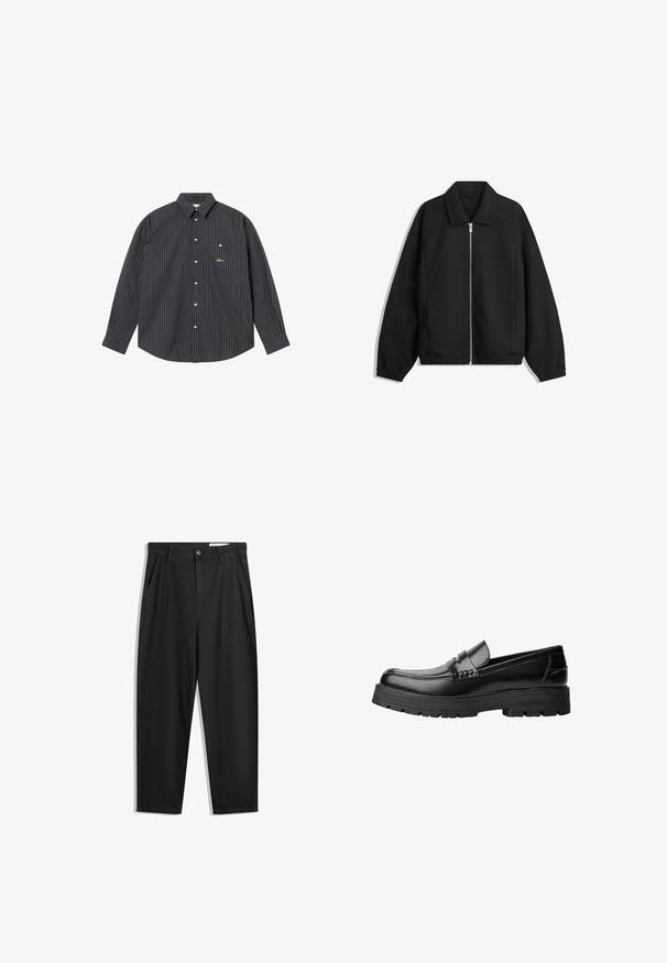 Schwarze Jacke aus strukturiertem Stoff, mit vollem Reißverschluss auf der Vorderseite, Kragen und elastischen Manschetten, im entspannten Schnitt und mit seitlichen Taschen.; Marineblaue Langarmbluse mit dünnen vertikalen Streifen in Hellblau und Orange, einem knöpfbaren Kragen, einer einzelnen Brusttasche und gesticktem Logo.; Schwarze Baumwollhose mit lockerem Schnitt, ausgestattet mit einem klassischen Bund, vorderen Falten und Seiten taschen. Glatte Textur ohne Muster.; Schwarzer Lederloafer mit grobem, rutschfestem Sohlenprofil und dekorativem Riemen über der Oberseite, seitlich links auf weißem Hintergrund abgebildet.