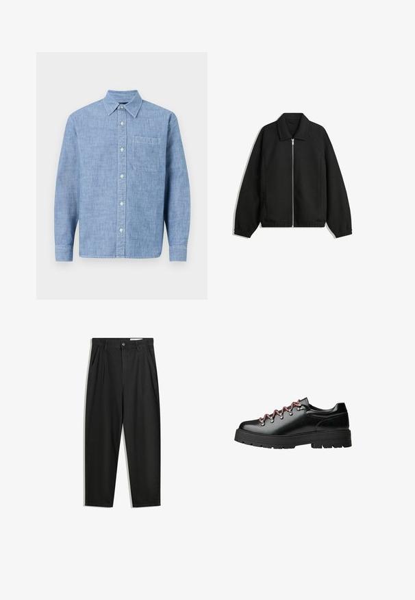 Čierna bunda vyrobená z textúrovaného materiálu, s plným predným zipsom, golierom a elastickými manžetami, so voľnejším strihom a bočnými vreckami.; Svetlomodrá, dlhá košeľa na gombíky vyrobená z textúrovanej látky. Má golier, predné vrecko a gombíkový uzáver na prednej strane.; Čierne bavlnené nohavice s voľným strihom, s klasickým pásom, prednými záhybmi a bočnými vreckami. Hladká textúra bez vzorov.; Čierna kožená turistická obuv so svojím podpisovým červeným a bielym šnurovaním, veľkými očkami a robustnou podrážkou s vrúbkovaním pre lepšiu priľnavosť a stabilitu.