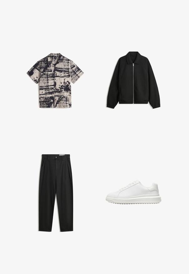 Zwarte jas van textuurstof, met een volledige rits aan de voorkant, een kraag, elastische manchetten, een ontspannen pasvorm en zijzakken.; Vans Overhemd - medium brown; Zwarte katoenen broeken met een losse pasvorm, voorzien van een klassieke tailleband, voorplooien en zijzakken. Gladde structuur zonder patronen.; Witte sneaker met een glad synthetisch bovenwerk, ronde neus, platte veters, gestructureerde zool en een gelaagd, platformontwerp voor extra hoogte.