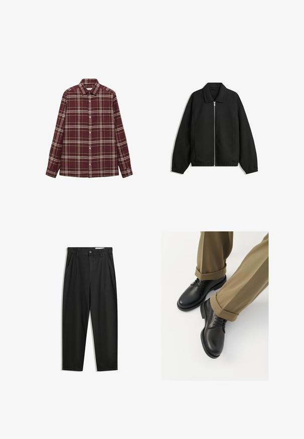 Črna jakna iz teksturirane tkanine, z dvostranskim zadrgo spredaj, ovratnikom in elastičnimi manšeti, sproščenega kroja in stranskimi žepi.; Bordo karo srajca z dolgimi rokavi, gumbom spredaj in žepom na prsih. Ima bele in rumene črte v karo vzorcu.; Črne bombažne hlače s sproščenim krojem, ki vključujejo klasičen pas, sprednje gube in stranske žepke. Gladka tekstura brez vzorcev.; Črne usnjene oblečne čevlje z gladko površino, z vezalkami in okroglo toe, v kombinaciji s spuščenimi kaki hlačami.