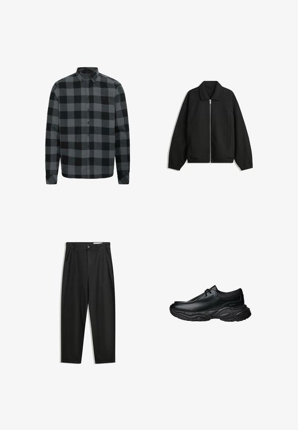 Črna jakna iz teksturirane tkanine, z dvostranskim zadrgo spredaj, ovratnikom in elastičnimi manšeti, sproščenega kroja in stranskimi žepi.; Siva in črna karirasta flanelasta srajca z dolgimi rokavi, gumbasto ovratnikom in sprednjimi gumbi. Mehak material z ohlapnim krojem.; Črne bombažne hlače s sproščenim krojem, ki vključujejo klasičen pas, sprednje gube in stranske žepke. Gladka tekstura brez vzorcev.; Črne usnjene čevlje za enostavno obuvanje z zaobljenim nosom in debelim strukturiranim gumijastim podplatom. Imajo diskretne šive in elastične dodatke na ovratniku.