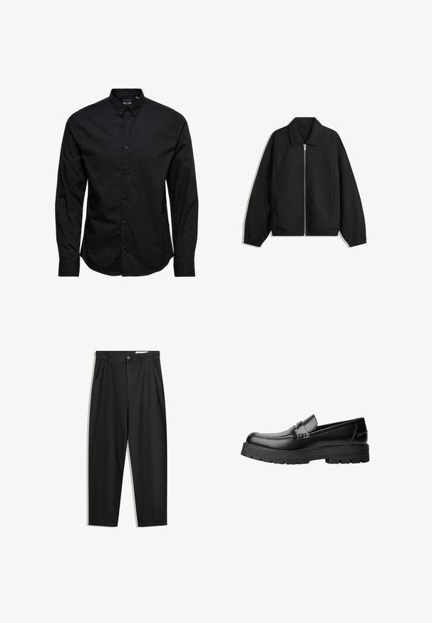 Črna jakna iz teksturirane tkanine, z dvostranskim zadrgo spredaj, ovratnikom in elastičnimi manšeti, sproščenega kroja in stranskimi žepi.; Črna srajca z dolgimi rokavi in gumbi, izdelana iz bombaža. Ima klasičen ovratnik, sprednje gumbe in ravno rob, brez vzorcev ali okrasnih elementov.; Črne bombažne hlače s sproščenim krojem, ki vključujejo klasičen pas, sprednje gube in stranske žepke. Gladka tekstura brez vzorcev.; Črne usnjene loafersice s debelim profiliranim podplatom in dekorativnim pasom čez zgornji del, prikazane v levem stranskem profilu na beli podlagi.
