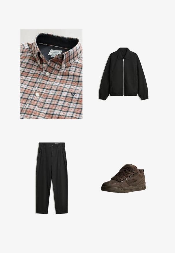 Zwarte jas van textuurstof, met een volledige rits aan de voorkant, een kraag, elastische manchetten, een ontspannen pasvorm en zijzakken.; Knoop-up ruitjesoverhemd in beige, marineblauw en rood. Katoenen stof, met een klassieke kraag, witte knopen en een klein geborduurd logo op de borst.; Zwarte katoenen broeken met een losse pasvorm, voorzien van een klassieke tailleband, voorplooien en zijzakken. Gladde structuur zonder patronen.; Bruine sportieve schoenen gemaakt van glad synthetisch materiaal. Bevat dikke veters, mesh-accenten, een gevoerde kraag en een gestructureerde rubberen zool.
