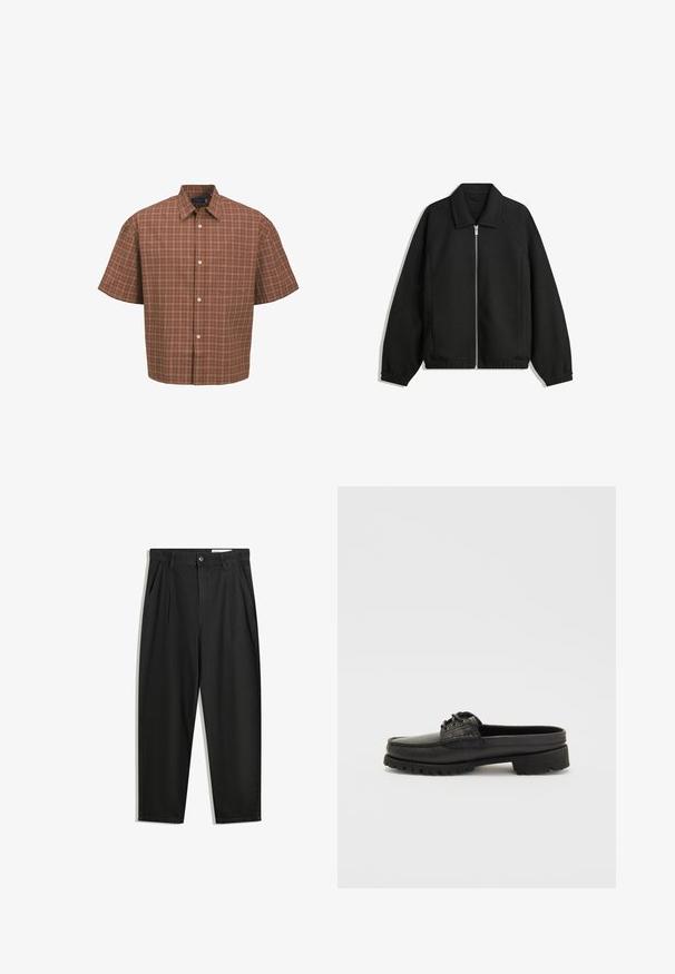 Sort jakke lavet af struktureret stof, med fuld frontlynlås, krave og elastiske mansjetter, i en afslappet pasform og sidelommer.; Kortærmet skjorte i brun check mønster med hvide og beige detaljer, med krave, knaplukning foran og en enkelt brystlomme.; Sorte bomuldsbukser med en afslappet pasform, der har en klassisk talje, frontfolder og sidelommer. Glat tekstur uden mønstre.; Sorte læderslipsko med snøre-detalje, rund tå og tekstureret sål. Har en let hævet hæl og glat overflade.