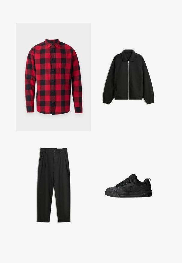 Crna jakna izrađena od teksturirane tkanine, s punim prednjim zatvaračem, ovratnikom i elastičnim manžetama, opuštenog kroja i bočnim džepovima.; Crvena i crna karirana flanel košulja s kopčanjem sprijeda, dugim rukavima i ovratnikom. Ima klasičan tartan uzorak.; Crne pamučne hlače s opuštenim krojem, s klasičnim pojasom, prednjim nabranjima i bočnim džepovima. Glatka tekstura bez uzoraka.; Crne tenisice s teksturiranim gornjim dijelom, sa vezicama, mrežastim detaljima za prozračnost, podstavljenim ovratnikom i čvrstim potplatima.