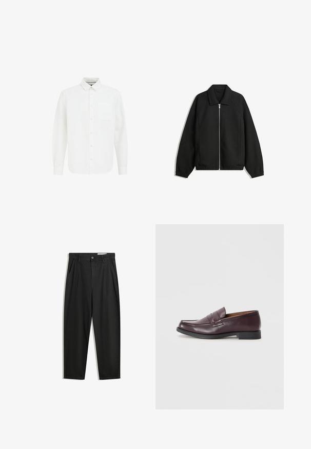 Giacca nera in tessuto texturizzato, con zip frontale a tutta lunghezza, colletto e polsini elasticizzati, dalla vestibilità rilassata e con tasche laterali.; Camicia bianca con bottoni, maniche lunghe, colletto a punta, tasca frontale e tessuto di cotone morbido. Presenta un orlo dritto e un design classico.; Pantaloni in cotone neri con una vestibilità rilassata, dotati di una vita classica, pieghe frontali e tasche laterali. Tessuto liscio senza fantasie.; Mocassini in pelle bordeaux con punta arrotondata, dettagli cuciti discreti e suola nera bassa. Design classico con minimalismo negli ornamenti.