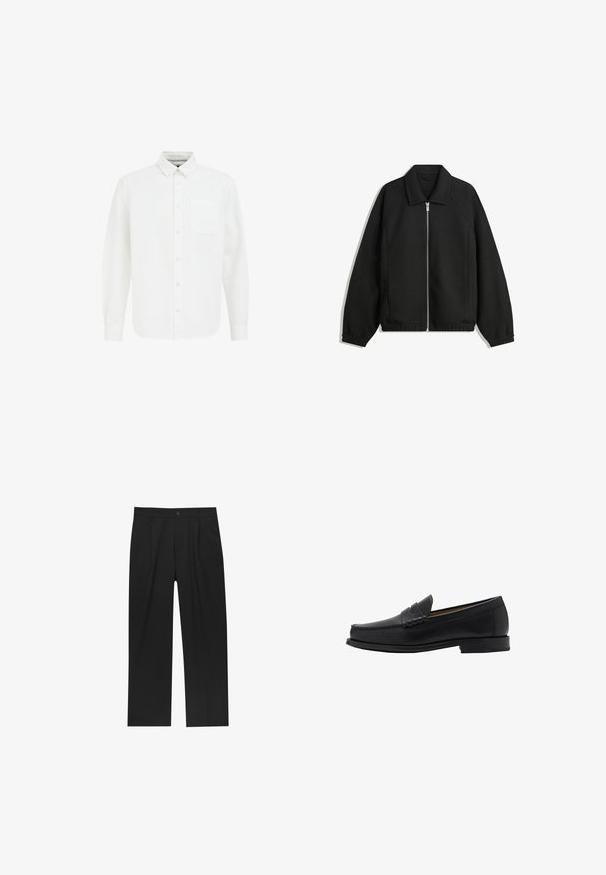 Čierna bunda vyrobená z textúrovaného materiálu, s plným predným zipsom, golierom a elastickými manžetami, so voľnejším strihom a bočnými vreckami.; Biela košeľa na gombíky s dlhými rukávmi, so špicatým golierom, prednou vreckom a mäkkou bavlnenou tkaninou. Má rovný lem a klasický dizajn.; Čierne nohavice s rovnými nohavicami, vyrobené z hladkej tkaniny. Majú predné puky a jediné gombíkové zapínanie v páse.; Mango Elegantné našuchovačky - black