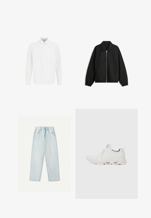 Musta takki, joka on valmistettu teksturoidusta kankaasta ja jossa on koko etuvetoketju, kaulus ja joustavat hihansuut. Takissa on rento istuvuus ja sivutaskut.; Valkoinen nappikauluspaita, jossa on pitkät hihat, kärjen muotoinen kaulus, etutasku ja pehmeä puuvillakangas. Ominaisuuksiin kuuluu suora helma ja klassinen muotoilu.; Vaaleansiniset farkut, joissa on rento istuvuus, suora lahje, viisi taskua ja hillitty haalistuminen kankaassa.; Valkoiset urheilukengät, joissa on teksturoitu neulepinta, litteät nauhat ja pehmustettu pohja, jossa on näkyvät ilmakammiot lisätuen tarjoamiseksi.