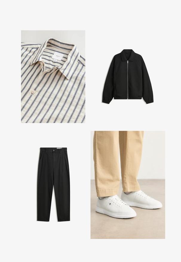 Zwarte jas van textuurstof, met een volledige rits aan de voorkant, een kraag, elastische manchetten, een ontspannen pasvorm en zijzakken.; Witte shirt met blauwe verticale strepen, met een opgestikte kraag, knoopsluiting en een gestructureerde stof. Merklabel zichtbaar aan de binnenkant.; Zwarte katoenen broeken met een losse pasvorm, voorzien van een klassieke tailleband, voorplooien en zijzakken. Gladde structuur zonder patronen.; Witte leren sneakers met een gladde afwerking, voorzien van een ronde neus, vlechtontwerp en subtiele logo-detail aan de zijkant, gecombineerd met beige broek.