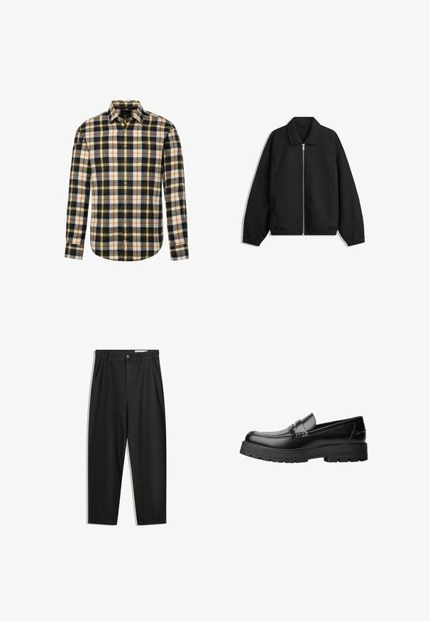 Schwarze Jacke aus strukturiertem Stoff, mit vollem Reißverschluss auf der Vorderseite, Kragen und elastischen Manschetten, im entspannten Schnitt und mit seitlichen Taschen.; Langärmliges Button-Up-Hemd mit einem mehrfarbigen Karomuster in Schwarz, Weiß, Orange und Grau, klassischem Kragen und abgerundetem Saum.; Schwarze Baumwollhose mit lockerem Schnitt, ausgestattet mit einem klassischen Bund, vorderen Falten und Seiten taschen. Glatte Textur ohne Muster.; Schwarzer Lederloafer mit grobem, rutschfestem Sohlenprofil und dekorativem Riemen über der Oberseite, seitlich links auf weißem Hintergrund abgebildet.