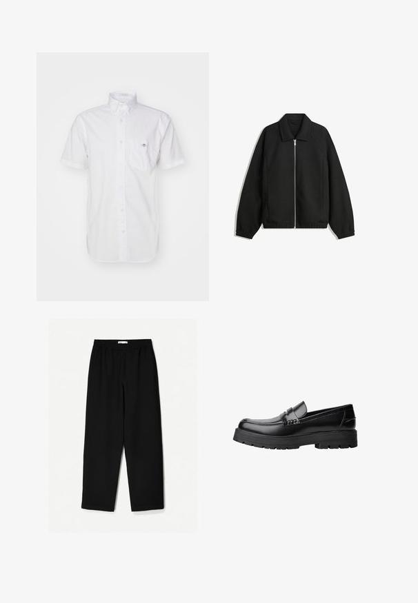Črna jakna iz teksturirane tkanine, z dvostranskim zadrgo spredaj, ovratnikom in elastičnimi manšeti, sproščenega kroja in stranskimi žepi.; Bela kratka srajca z gumbi, izdelana iz lahkotnega bombaža, z žepom na prsih in diskretnim logotipom na žepu. Gladka površina.; Črne široke hlače iz lahkotnega materiala. Imajo elastičen pas in gladko teksturo. Brez vidnih vzorcev ali dodatkov.; Črne usnjene loafersice s debelim profiliranim podplatom in dekorativnim pasom čez zgornji del, prikazane v levem stranskem profilu na beli podlagi.