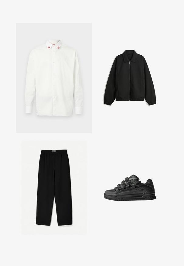 Schwarze Jacke aus strukturiertem Stoff, mit vollem Reißverschluss auf der Vorderseite, Kragen und elastischen Manschetten, im entspannten Schnitt und mit seitlichen Taschen.; Weißes Hemd mit Knöpfen aus Baumwolle und klassischem Kragen. Merkmale rote Akzente an den Kragenenden und ein einfaches Design. Schlichte Textur.; Schwarze, weit geschnittene Hose aus leichtem Stoff. Mit elastischem Bund und glatter Textur. Keine sichtbaren Muster oder Beschläge.; Schwarze Sneakers mit einem glatten Leder-Obermaterial, strukturierten Akzenten und runden schwarz-weißen Schnürsenkeln. Dicke Gummisohle mit einem gemusterten Profil.