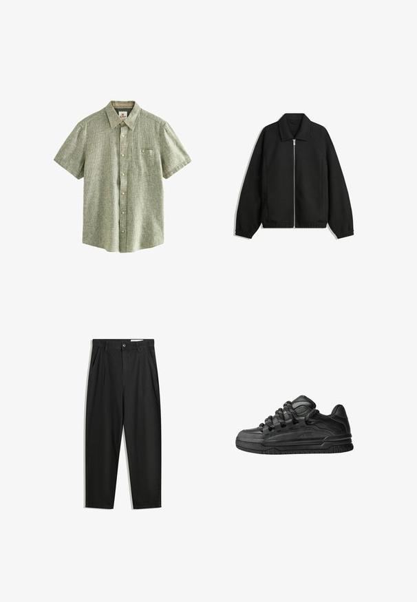 Crna jakna izrađena od teksturirane tkanine, s punim prednjim zatvaračem, ovratnikom i elastičnim manžetama, opuštenog kroja i bočnim džepovima.; Next SHORT SLEEVE - Majica - green; Crne pamučne hlače s opuštenim krojem, s klasičnim pojasom, prednjim nabranjima i bočnim džepovima. Glatka tekstura bez uzoraka.; Crne tenisice s glatkom kožnom gornjom površinom, teksturiranim detaljima i okruglim crnim i bijelim vezicama. Debeli gumeni potplat s uzorkom.