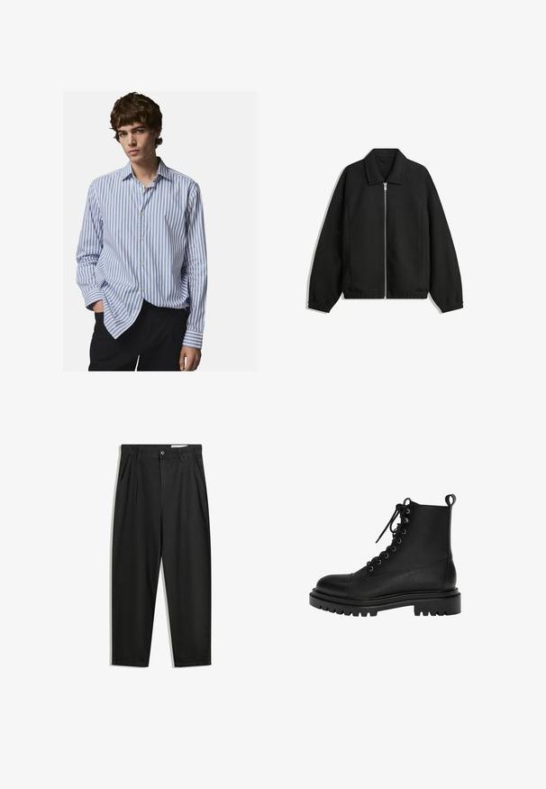 Veste noire en tissu texturé, dotée d'une fermeture éclair sur toute la longueur, d'un col et de poignets élastiques avec une coupe décontractée et des poches latérales.; Chemise à rayures blanche et bleue. Caractéristiques : col classique, manches longues et coupe décontractée. Tissu doux avec une légère brillance.; Pantalon en coton noir avec une coupe décontractée, dotés d'une taille classique, de plis à l'avant et de poches latérales. Texture lisse sans motifs.; Bottine en cuir noir avec un bout arrondi, un laçage sur le devant, des œillets en métal et une semelle en caoutchouc épaisse et texturée.