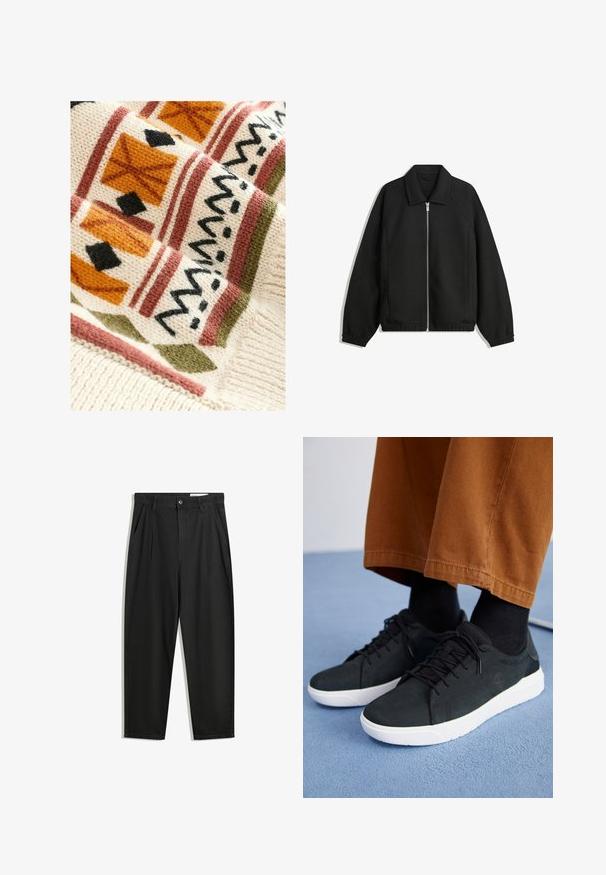 Černá bunda vyrobená z texturované látky, s plným předním zipem, límcem a elastickými manžetami, s volným střihem a bočními kapsami.; Pletená deka s krémovým základem a geometrickými vzory v terakotové, zelené a černé barvě, která dodává texturu díky svému tkanému designu.; Černé bavlněné kalhoty s uvolněným střihem, klasickým pasem, předními záhyby a bočními kapsami. Hladká textura bez vzorů.; Černé semišové tenisky s bílými gumovými podešvemi, s šněrovacím designem, texturovanými detaily a jemným logem, spárované s hnědými kalhotami.