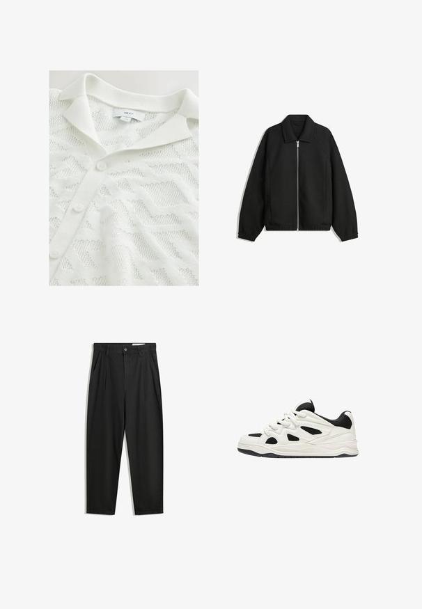 Črna jakna iz teksturirane tkanine, z dvostranskim zadrgo spredaj, ovratnikom in elastičnimi manšeti, sproščenega kroja in stranskimi žepi.; Bela pletena jopica z teksturiranim geometrijskim vzorcem, polo ovratnikom in tremi gumbi spredaj.; Črne bombažne hlače s sproščenim krojem, ki vključujejo klasičen pas, sprednje gube in stranske žepke. Gladka tekstura brez vzorcev.; Bele in črne športne čevlje z teksturiranim podplatom, ki vsebujejo izrezljane vzorce na straneh in vezalkah ter oblazinjeno zadnjo stran za podporo.