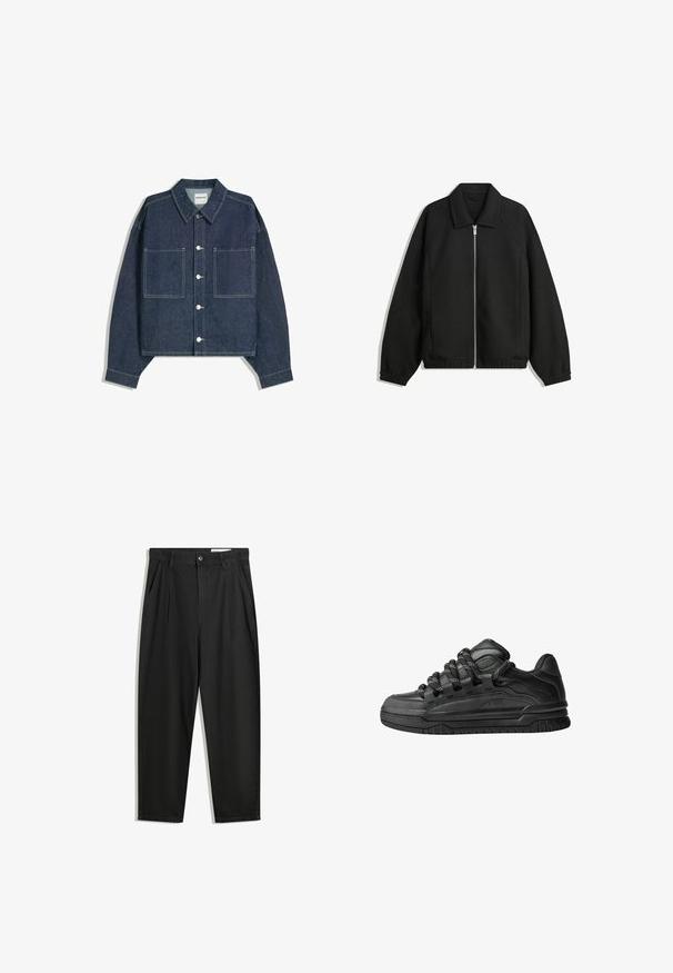 Schwarze Jacke aus strukturiertem Stoff, mit vollem Reißverschluss auf der Vorderseite, Kragen und elastischen Manschetten, im entspannten Schnitt und mit seitlichen Taschen.; Dunkelblaues Denim-Cropped-Jackett mit spitzem Kragen, zwei vorderen Taschen und silberner Knopfverschluss. Besitzt sichtbare Nähte.; Schwarze Baumwollhose mit lockerem Schnitt, ausgestattet mit einem klassischen Bund, vorderen Falten und Seiten taschen. Glatte Textur ohne Muster.; Schwarze Sneakers mit einem glatten Leder-Obermaterial, strukturierten Akzenten und runden schwarz-weißen Schnürsenkeln. Dicke Gummisohle mit einem gemusterten Profil.