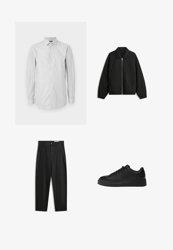 Černá bunda vyrobená z texturované látky, s plným předním zipem, límcem a elastickými manžetami, s volným střihem a bočními kapsami.; Pruhované dlouhé rukávy pánské košile v bílé a světle šedé barvě, s límečkem a knoflíkovým zapínáním, s kontrastními pruhovanými manžetami a hladkou texturou.; Černé bavlněné kalhoty s uvolněným střihem, klasickým pasem, předními záhyby a bočními kapsami. Hladká textura bez vzorů.; Černé tenisky vyrobené z hladké kůže, s kulatou špičkou, silnou platformou a tradičním šněrováním se šesti oky.