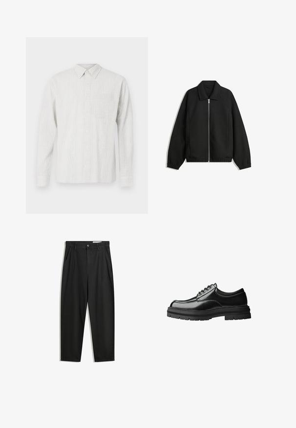 Jachetă neagră dintr-un material texturat, cu fermoar frontal complet, guler și manșete elastice, având o croială lejeră și buzunare laterale.; Cămășă cu mânecă lungă și guler clasic, de culoare gri deschis, cu un model texturat în carouri și un buzunar frontal. Confecționată din țesătură. ; Pantaloni negri din bumbac cu croială lejeră, având un brâu clasic, plii frontale și buzunare laterale. Textură netedă fără modele.; Pantof cu piele neagră, cu o finisare netedă, vârf rotund, design cu șase găuri pentru șireturi și o talpă groasă, texturată din cauciuc.