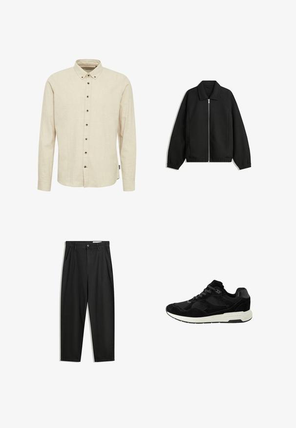 Sort jakke lavet af struktureret stof, med fuld frontlynlås, krave og elastiske mansjetter, i en afslappet pasform og sidelommer.; Beige langærmet skjorte lavet af struktureret stof, med en skjortekrave og mørke knapper foran.; Sorte bomuldsbukser med en afslappet pasform, der har en klassisk talje, frontfolder og sidelommer. Glat tekstur uden mønstre.; Sort sportsko lavet af ruskind og netmateriale, med en rund tå, snørelukning og en hvid gummisål med strukturerede detaljer.