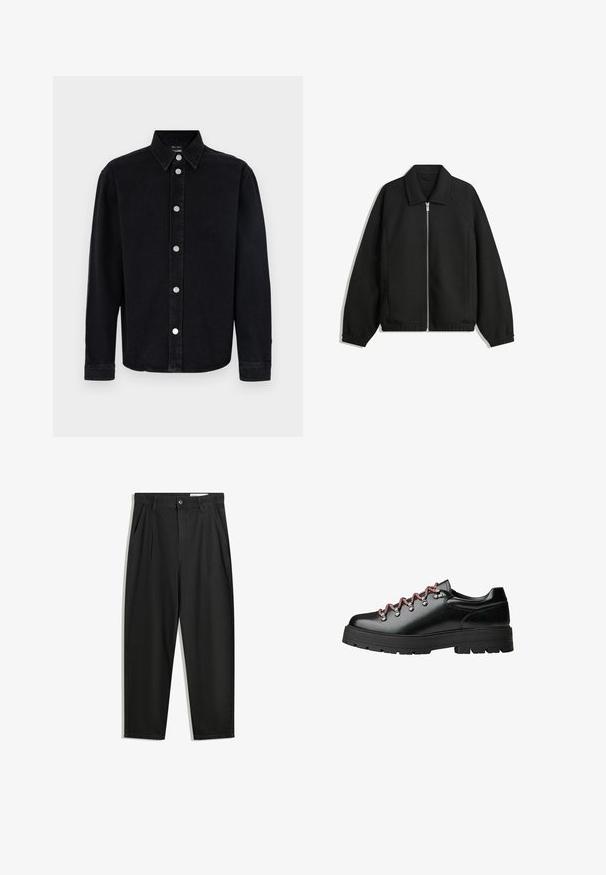 Veste noire en tissu texturé, dotée d'une fermeture éclair sur toute la longueur, d'un col et de poignets élastiques avec une coupe décontractée et des poches latérales.; Chemise en denim noir à manches longues, avec col boutonné et éléments en métal argenté. Présente une coupe droite et une texture lisse.; Pantalon en coton noir avec une coupe décontractée, dotés d'une taille classique, de plis à l'avant et de poches latérales. Texture lisse sans motifs.; Chaussure de randonnée en cuir noir avec des lacets rouges et blancs, de grands œillets et une semelle épaisse à crampons pour une bonne adhérence et stabilité.